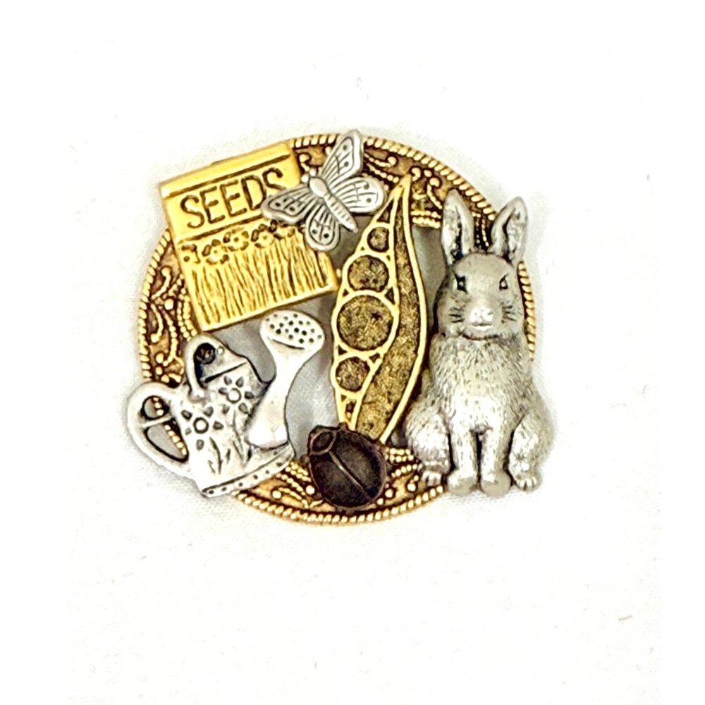 Vintage Gardening Theme Round Brooch/Pin Gold & Silver Tone